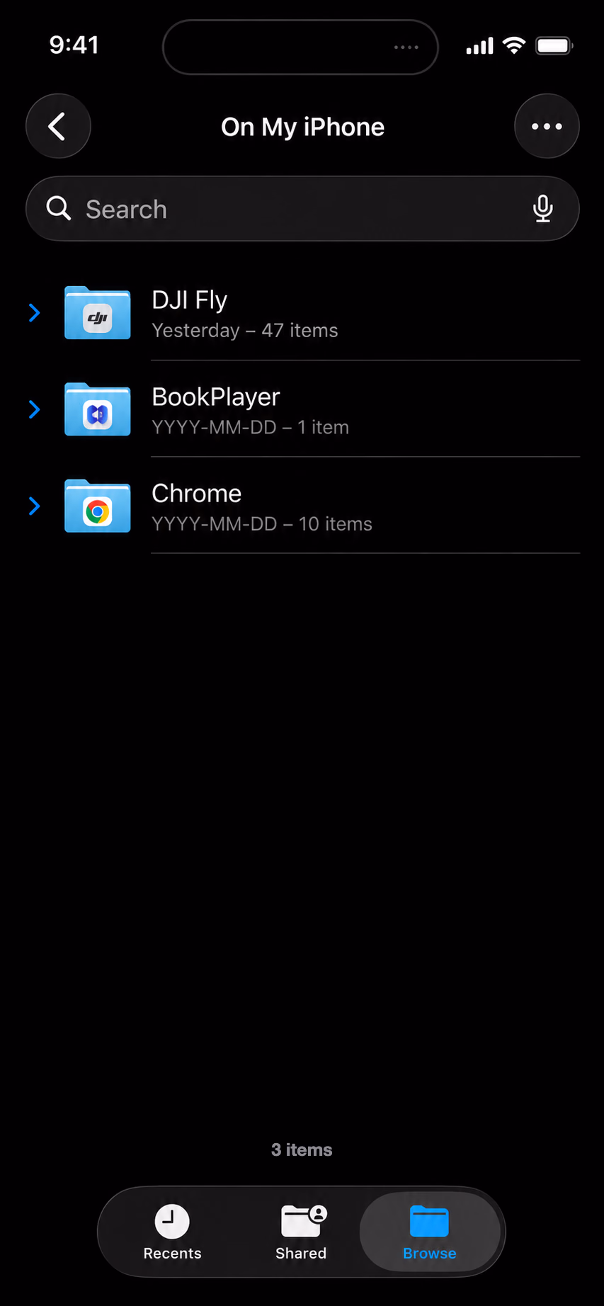 Privacy-safe Files app example with DJI Fly visible under On My iPhone